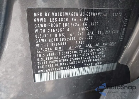 2014 Volkswagen Tiguan S from USA, damaged, VIN WVGAV3AX4EW503372
